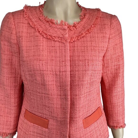 Trina Turk Blazer‎ Jacket Size 6 Tammie Tweed Fringe Trim Coral Orange - Picture 6 of 10